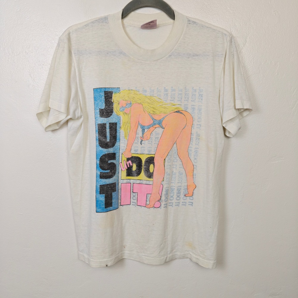 Vintage 80s Oneita Mens Tee Medium White Just Un Do It Single Stitch Paper Thin